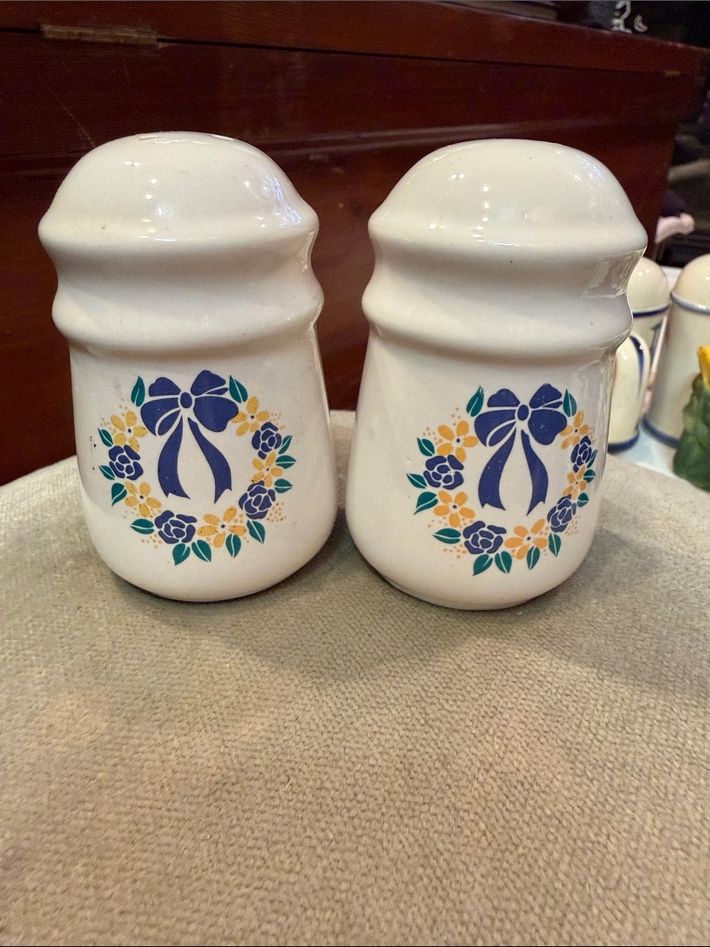 Vintage White Ceramic Salt and Pepper Shakers with Blue Floral Bow Design